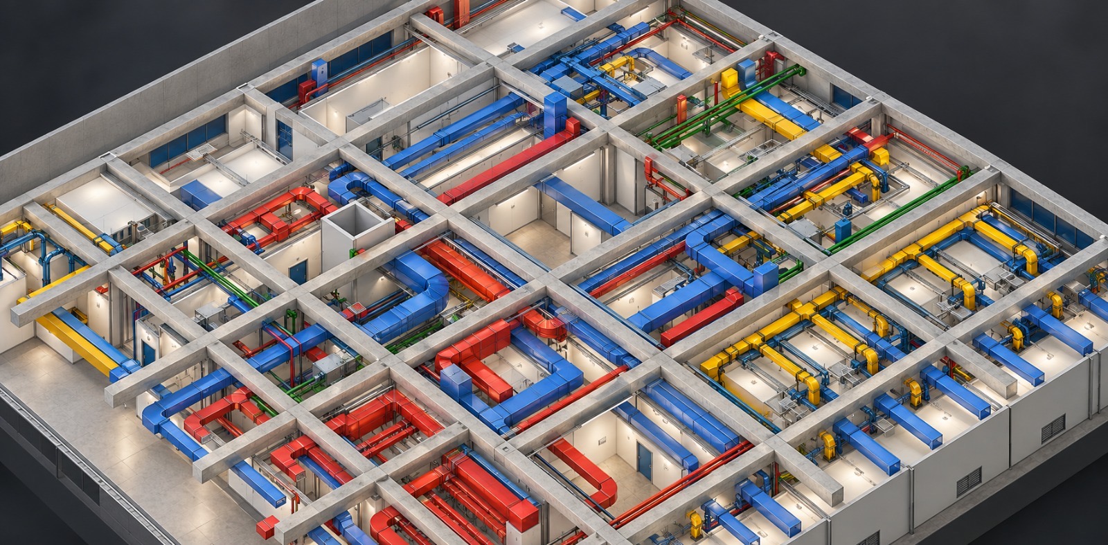 Vista BIM de distribución coordinada de conductos rojos, azules y amarillos