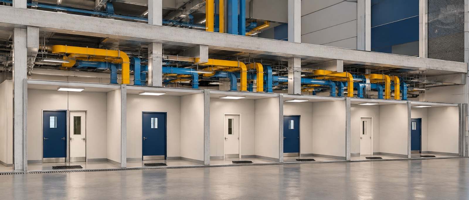 Alzado de instalación industrial con conductos amarillos y azules sobre las salas